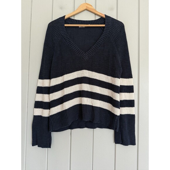 Faherty Miramar Sweater S Small Linen Organic Cotton Navy Blue White V-Neck - Picture 1 of 5